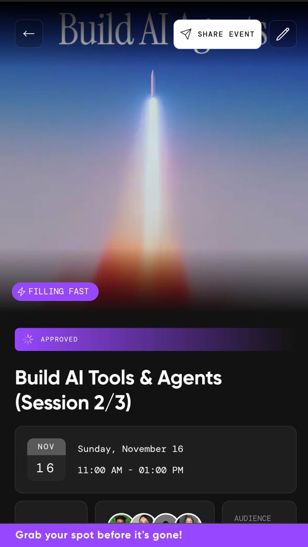 55% slots already reserved! And it's only been a day since the event is live. 

If you also want to learn how to build AI tools &amp; Agents, get stuck deciding what framework to use, where to even get started from. This one is for you! ( Yes it's free ) 

growthx.club/events/learn-t…