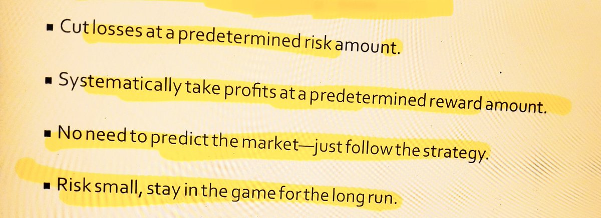 #trading

4 concepts to become Profitable in trading:
• Cut losses at predetermined risk amount
• Systemically take profits at a predetermined reward amount 
• No need to predict the market 
• Risk small, stay in game for long run