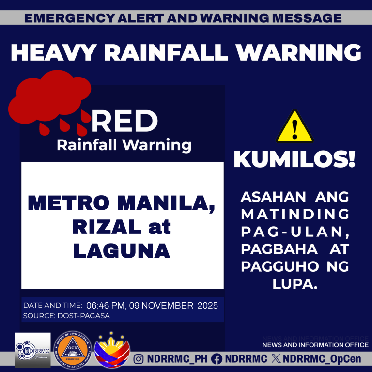 NDRRMC_OpCen's tweet image. Maging alerto mga lalawigan ng #MetroManila, #Rizal at #Laguna!

NDRRMC(6:46PM,09Nov25) Red Rainfall Warning sa Metro Manila, Rizal at Laguna. Asahan ang matinding pag-ulan, pagbaha at pagguho ng lupa.

#NDRRMC
#BawatSegundoMahalaga
#UwanPH
