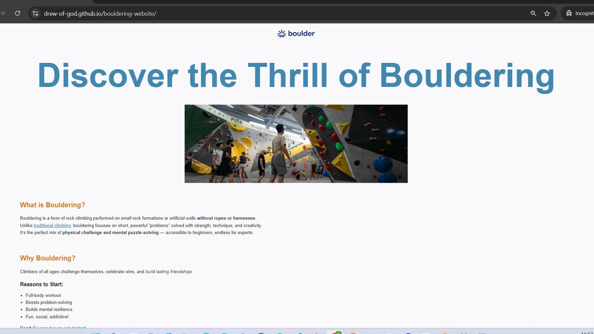 KpojeA's tweet image. #100DaysOfCode I just deployed my first website! drew-of-god.github.io/bouldering-web… #WebDev #FaithAndCode