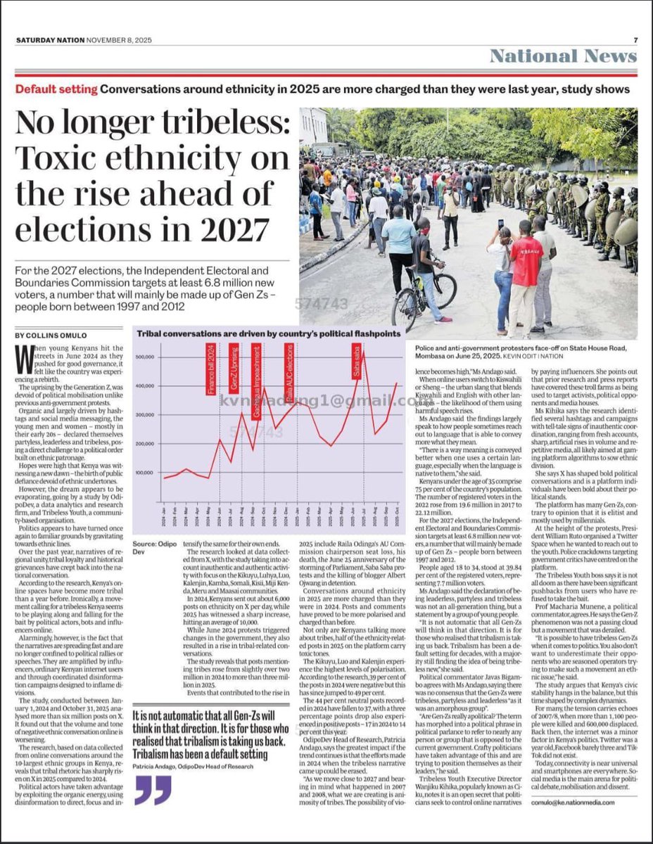 Odangaring's tweet image. A lot of people wonder if X has become more tribal &amp;amp; toxic of late. Well you&apos;re not going crazy, its true! And there&apos;s data to prove it..

We&apos;ve released new research with @TribelessYouth showing how the political class is effectively retribalizing kenya since the GenZ uprising🧵