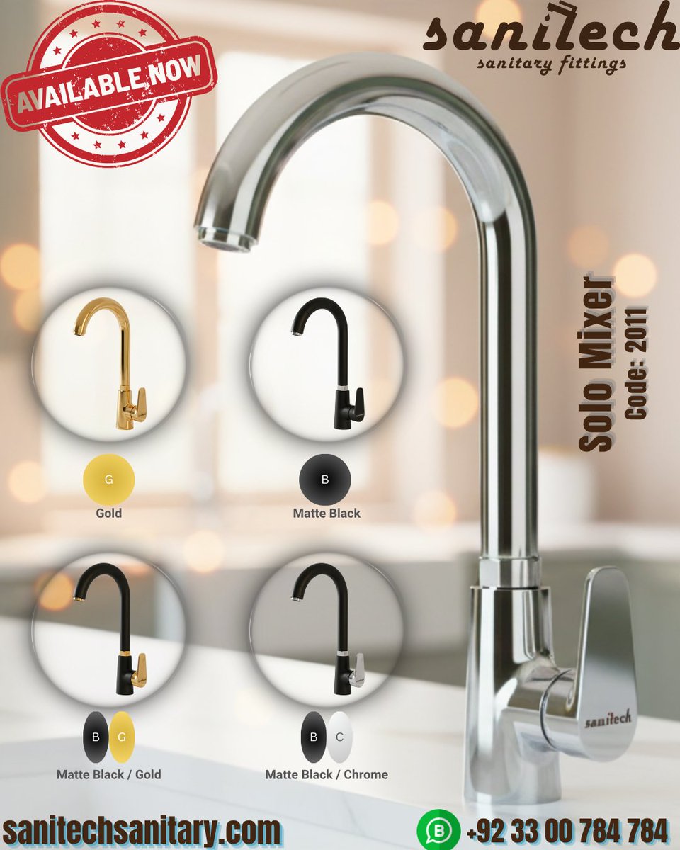 SanitechF's tweet image. 4 Looks, 1 Mixer! The Solo Mixer (Code: 2011) combines a high-arc style with Gold, Matte Black, and Chrome options. Versatility meets quality.

Find your finish: sanitechsanitary.com
WhatsApp: +92 33 00 784 784

#kitchen  #KitchenMixer #HomeImprovement