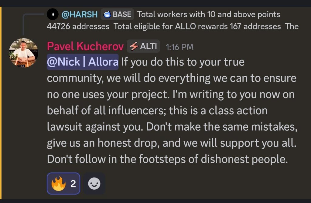 kittu2141's tweet image. 🚨 An Open Letter to @AlloraNetwork &amp;amp; the Crypto Community 🚨

Dear @AlloraNetwork supporters and fellow crypto enthusiasts,

I feel compelled to speak up about a growing concern — the way Allora Network has been handling its commitments toward early supporters, especially around…