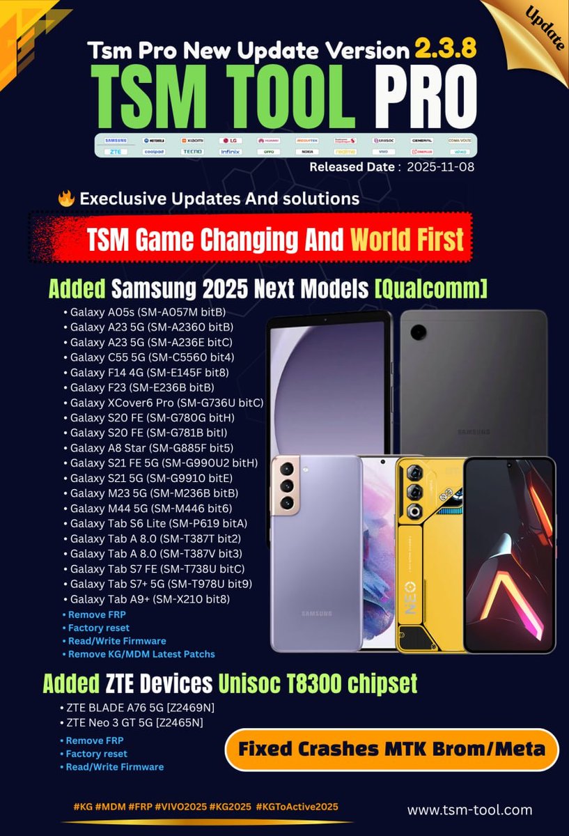gsmsoftwarehub's tweet image. *TSM PRO Tool V2.3.8*

📥 go.cyberslinks.com/r.php?id=TY1Ac2

1. Added support for more Android brands and models.
2. Improved IMEI repair and FRP (Factory Reset Protection) removal process.
3. New flashing and unlocking f

#tsmpro #turbomobile #unlocktool #flashingtool #mobilerepair