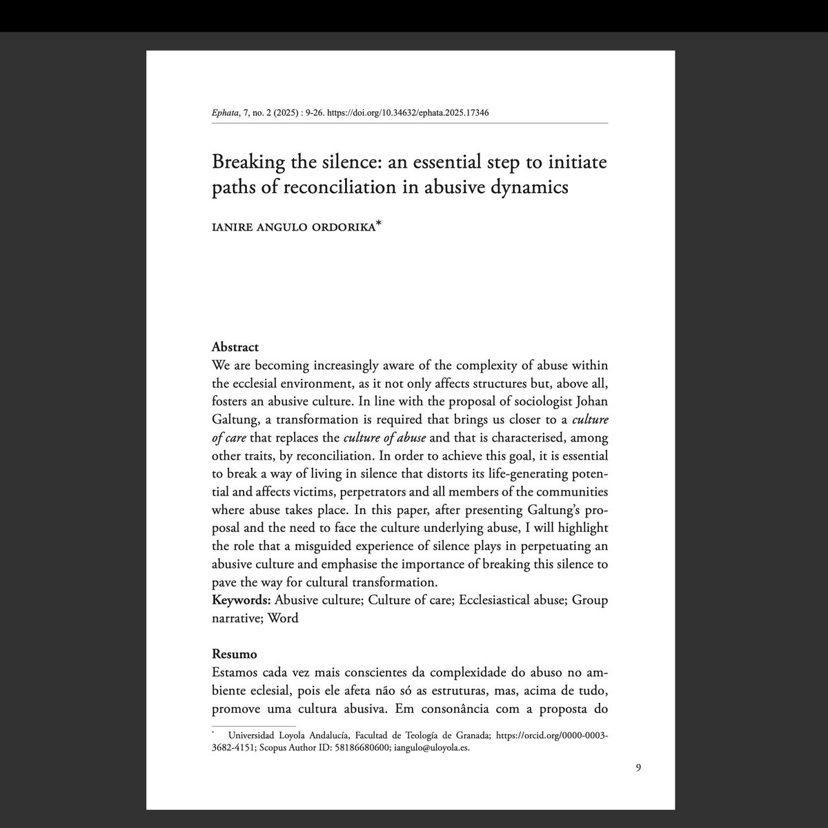 IanireAngulo's tweet image. An article I wrote about the need to break the silence on abusive dynamics has just been published. It is available in open access at 👇
revistas.ucp.pt/index.php/epha… 
Ha salido un artículo mío sobre la necesidad de romper el silencio en dinámica abusivas. En acceso abierto en 👆