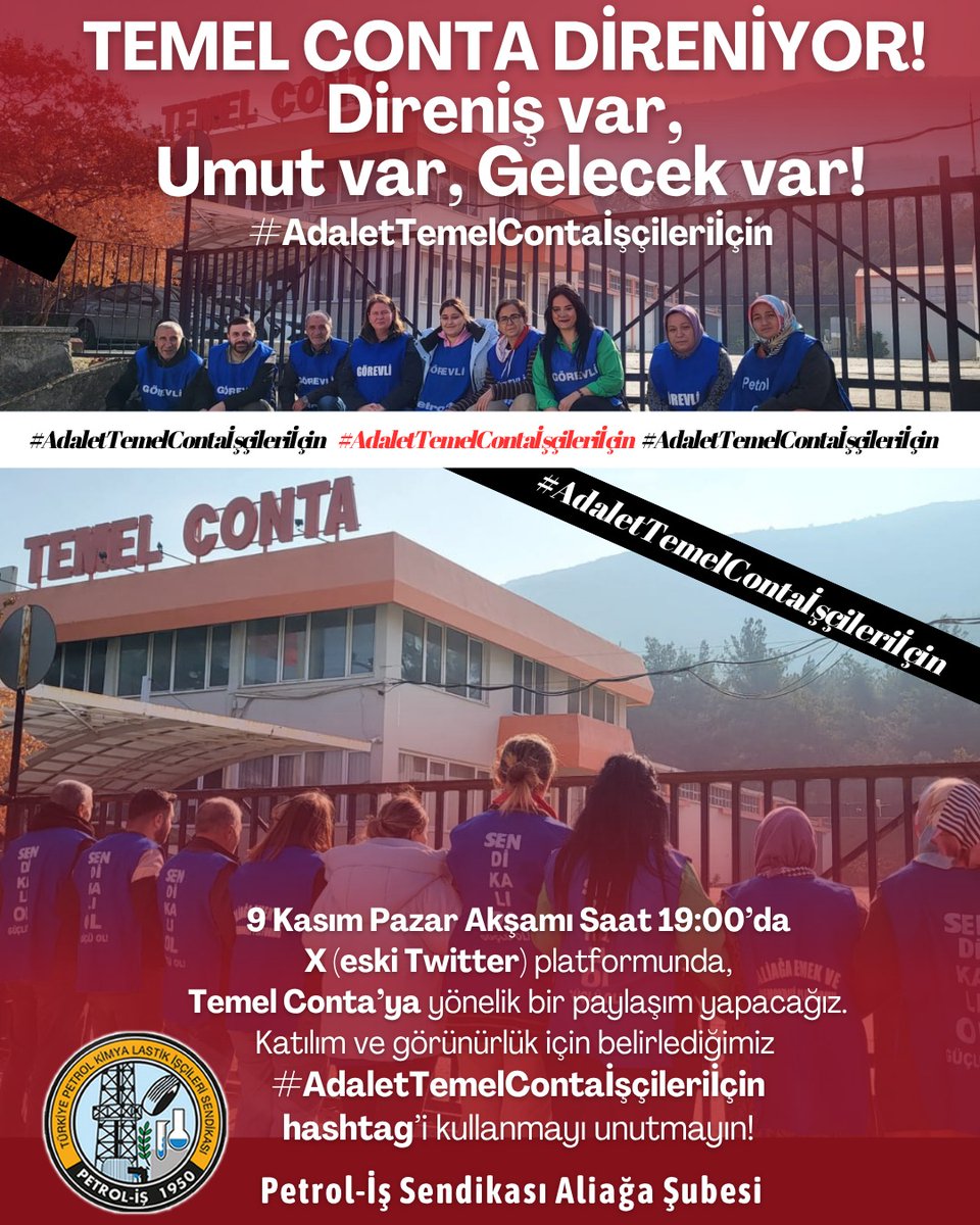 Bu akşam 19:00'da bir kez daha haykırıyoruz:
Grev kırmak suçtur, emeği yok saymak insanlık suçudur!
Temel Conta işçileri ısrarla, inatla adalet istiyor!
#AdaletTemelContaİşçileriİçin