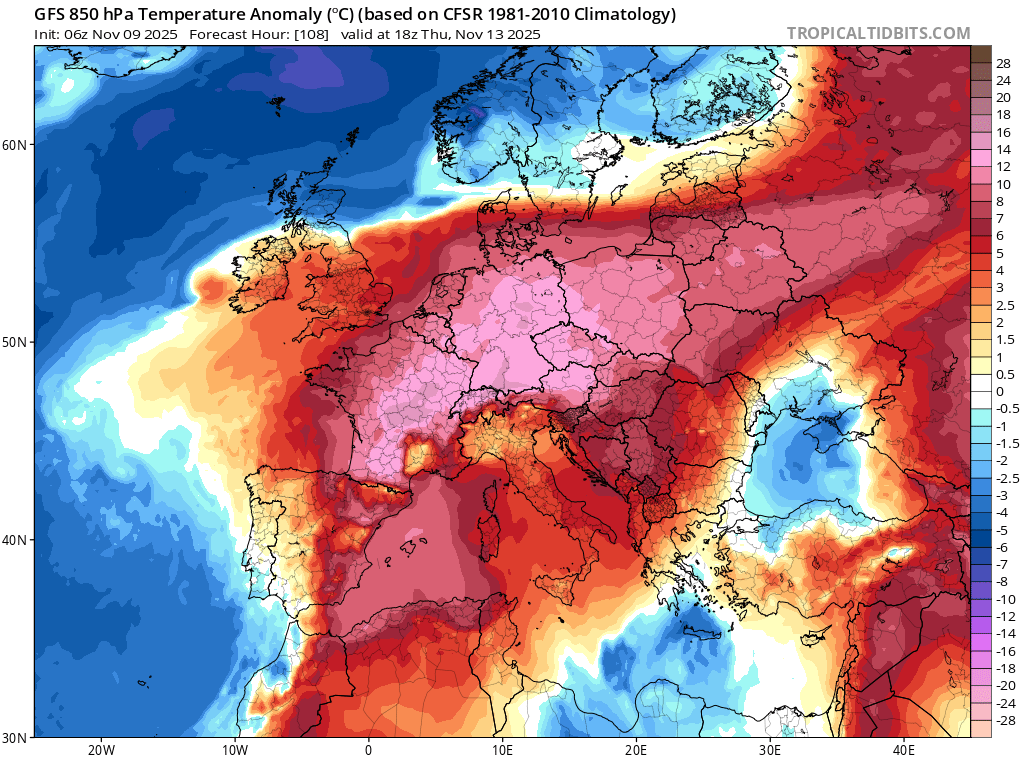 Dijous, anomalies a 850 hPa, uns 1500m. Tindrem #localoret faller de novembre, migdia de màniga curta, sort que el cap de setmana normalitzem. #meteo