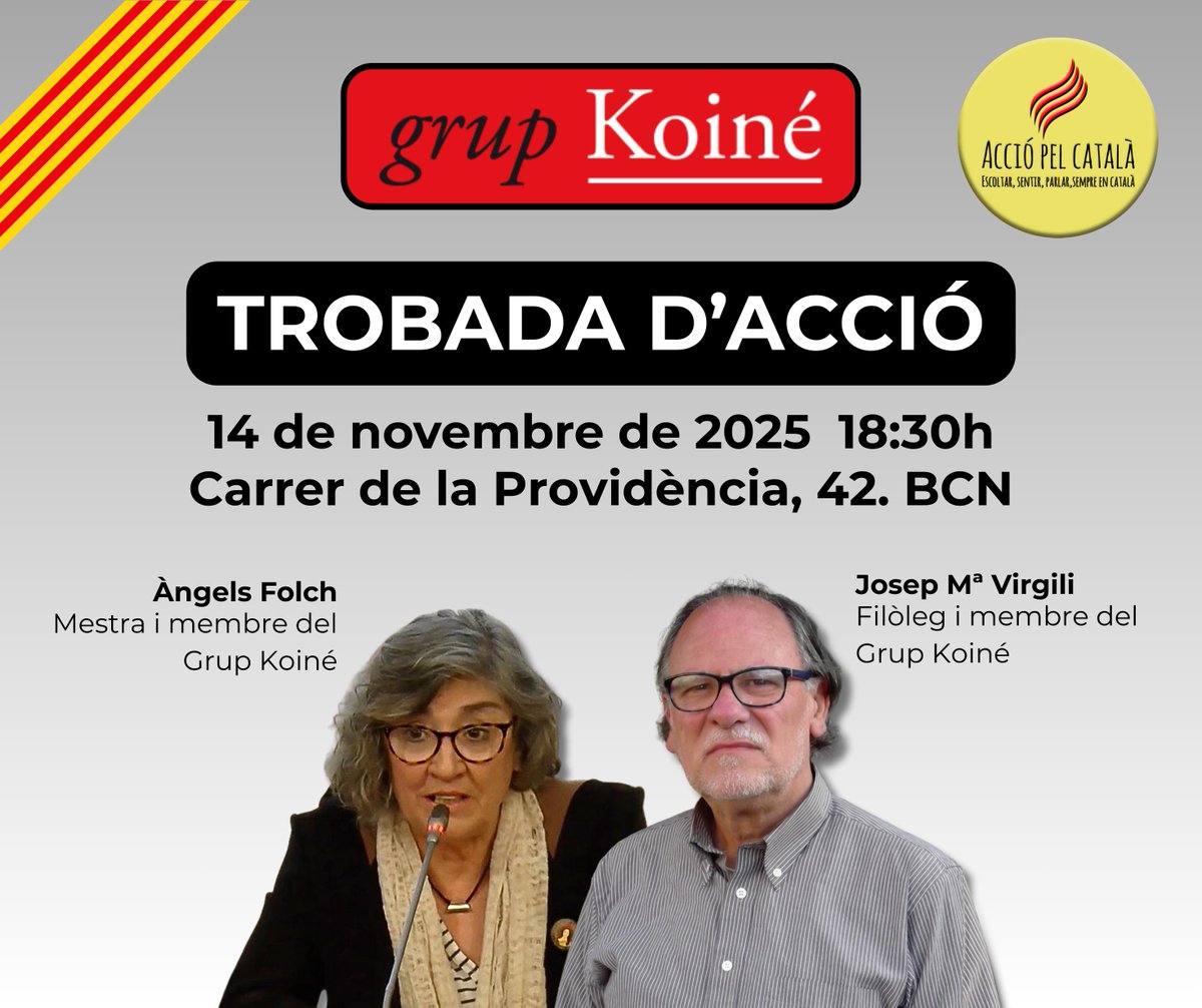 Angels_Folch's tweet photo. Divendres vinent, dia 14, dos membres de @GrupKoine , en @Virgili7 i jo mateixa farem una xerrada a Barcelona. convidats per @acciopelcatala . Analitzarem què està passant amb el català: causes, mesures a prendre per a revertir la situació... https://t.co/qqCNnFhbQD