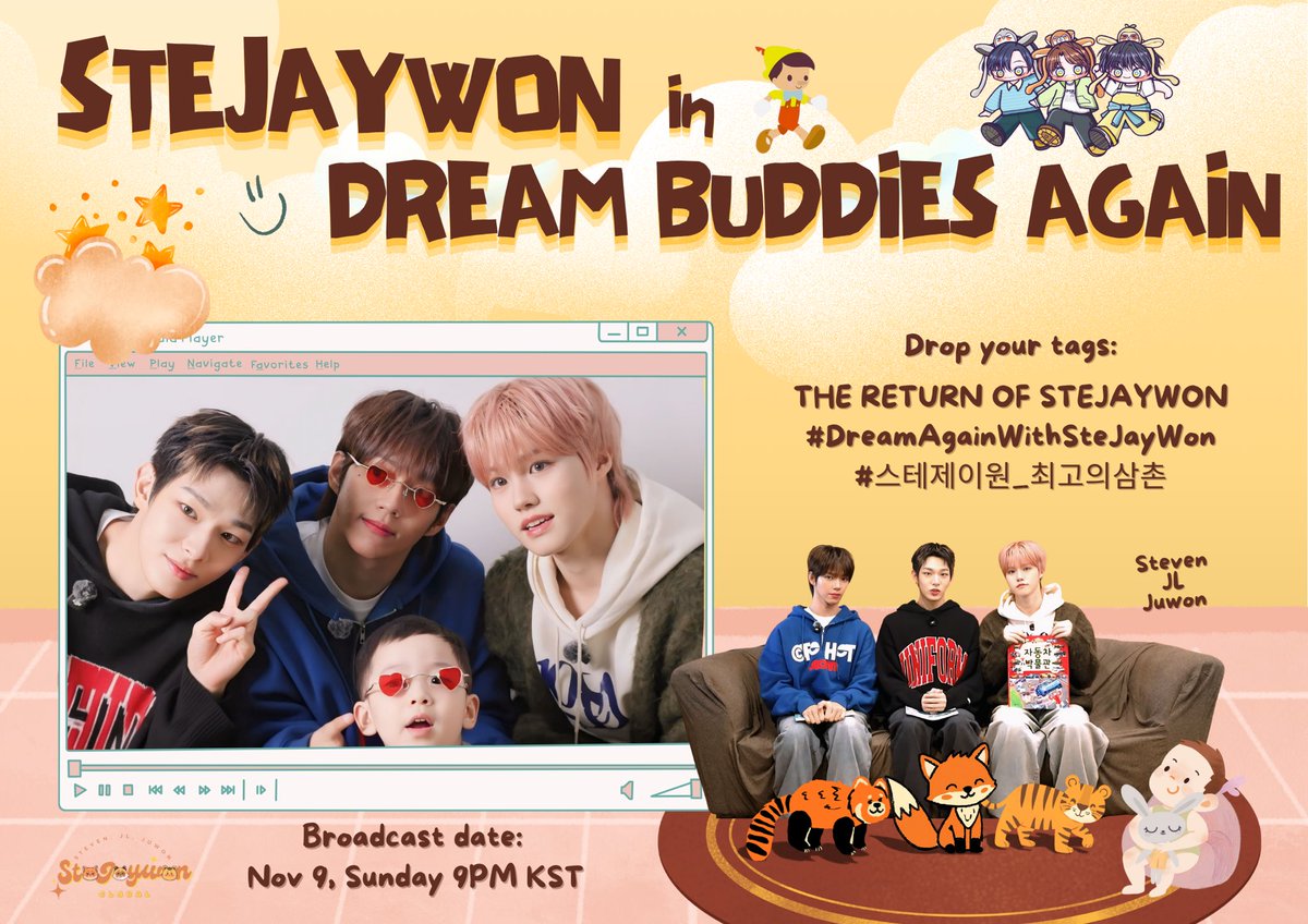 globalstejaywon's tweet photo. D-DAY is here, Pillarz and 세짱단! 🧡❤️💛

Our trio is meeting Rowoon again! Get ready for another wave of chaos and cuteness on today's episode of TROS 'My Dream Buddy'! 

Let's cheer them on by joining the tag party!

THE RETURN OF STEJAYWON
#DreamAgainWithSteJayWon
#스테제이원_최고의삼촌