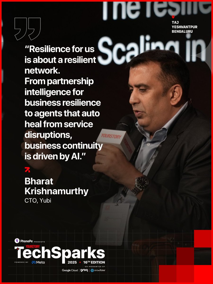 _TechSparks's tweet image. At #TechSparks2025, Bharat Krishnamurthy, CTO of @Yubi_fin, shared how AI powers the company’s resilience. “AI isn’t an add-on—it’s why a 13-member team can run an ecosystem across five countries,” he said.

@YourStoryCo