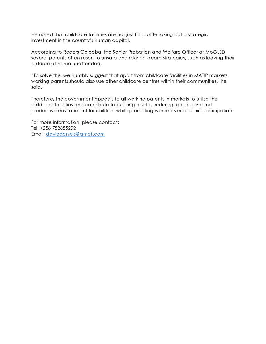 The Ugandan Gov't recently launched a program to revive dormant childcare facilities in central markets!
Safe, affordable care for kids 0–3 means women vendors can work, earn, and thrive. Let's utilise facilities in markets and in our communities.
<a href="/af_ecn/">The African Early Childhood Network</a> <a href="/Mglsd_UG/">Ministry of Gender, Labour and Social Development</a> <a href="/MoLGUganda/">Ministry of Local Government</a>
