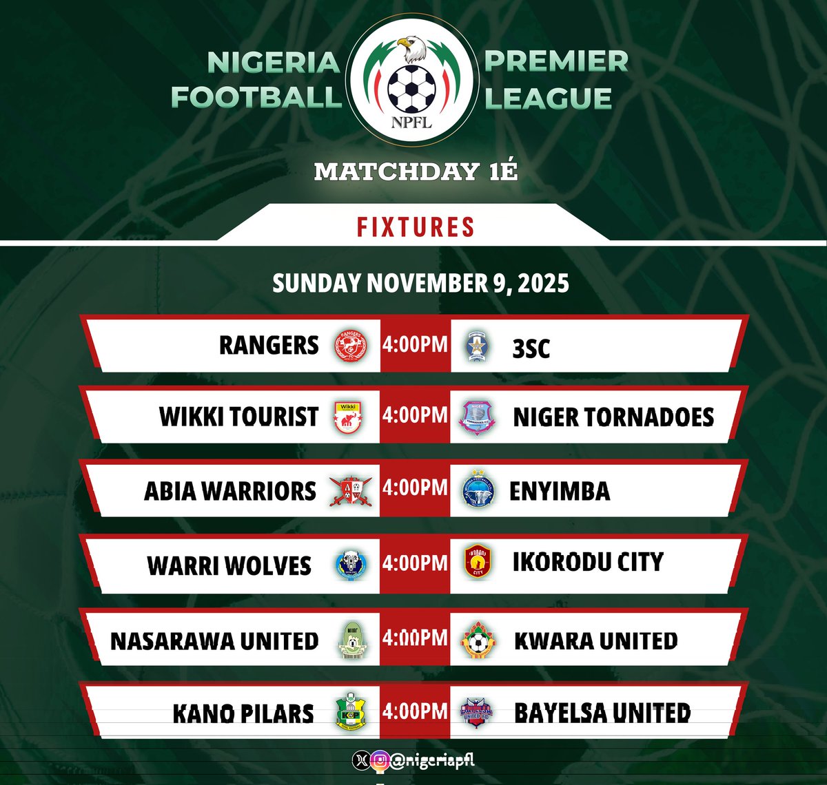 NigeriaPFL's tweet image. Sunday&apos;s action in a bit 💪🏿

📺 #RANSHO
📺 #WIKTOR
📺 #ABIENY
#WOLIKD
#NASKWA
#PILBAY

📺 Live on @NPFL_Live

#NPFL26