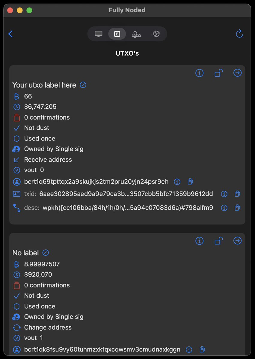 Fonta1n3's tweet image. UTXO view is now packed with more info, new functionality and cleaner code. 💪 (its regtest, wish they were real) #coincontrol