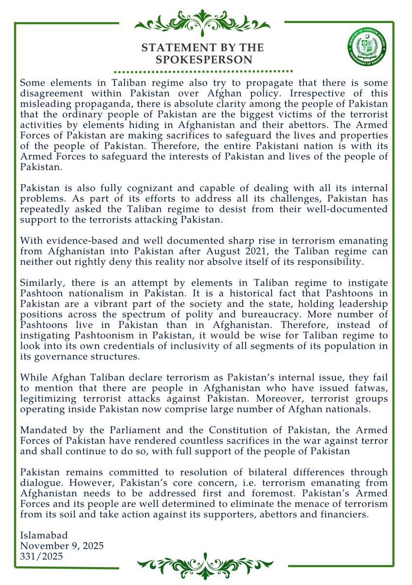 🔊PR No.3️⃣3️⃣1️⃣/2️⃣0️⃣2️⃣5️⃣

Statement by the Spokesperson 

🔗⬇️

mofa.gov.pk/press-releases…