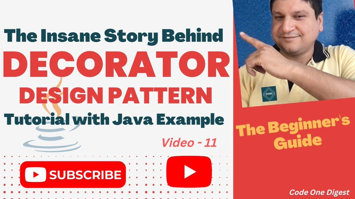 codeonedigest's tweet image. Decorator Pattern Tutorial with Java Example You&apos;ve Been Waiting For | Compare with Strategy Pattern
youtu.be/CJ-EDREomJ0

#DecoratorPattern #StrategyPattern #DesignPatterns #JavaProgramming