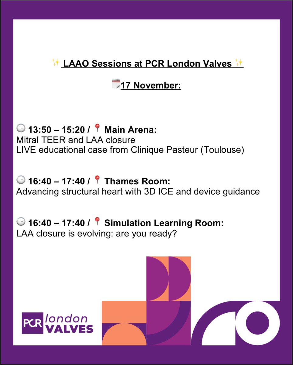 LAAO Sessions at PCR London Valves: don’t miss the highlights 🔥:

#PCRLV #interventionalcardiology #Cardiology 

<a href="/PCRonline/">PCRonline 🫀</a> <a href="/PamelaGatto/">Pamela Gatto</a> <a href="/alcantaramonica/">Monica Alcantara M.D. , MSc, FESC, FEACVI</a> <a href="/dr_chrisallen/">Chris Allen</a> <a href="/O_Azizy_MD/">Obayda Azizy</a> <a href="/BenekiEirini/">Eirini Beneki</a> <a href="/MiChen__/">Mi Chen 陈密</a> <a href="/CurioJonathan/">Jonathan Curio</a> <a href="/juliendreyfus1/">Dreyfus Julien</a> <a href="/jcecharte/">Julio Echarte</a> <a href="/DrGarot/">Dr Philippe Garot</a> <a href="/cvnurselin/">Lynne Hinterbuchner</a>