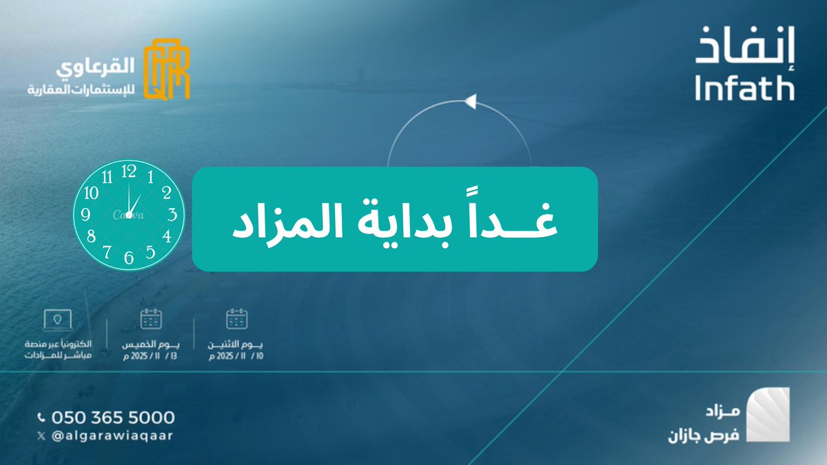 # مزاد_فرص_جازان

 12 فرصة عقارية في  منطقة جازان ( جيزان - صبياء - ابي عريش - صامطة)

تحت اشراف مركز الاسناد والتصفية إنفاذ وبقرار من محكمة التنفيذ 

> منصة المزاد 💻  يقام المزاد الكترونياً على منصة مباشر للمزادات
re.mobasher.sa/auctions/t-con…

🗓 | غداً ينطلق  المزاد بادر بالمشاركة