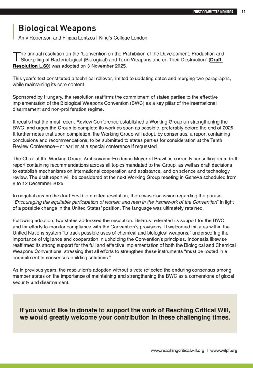 FilippaLentzos's tweet image. It’s a wrap! The #1972BWC resolution was adopted by consensus in #UNGA80 #FirstCommittee this past week. Now all eyes on the BWC Working Group and the draft report being discussed in 8-12 December in Geneva. 
tinyurl.com/uc5wkmc3