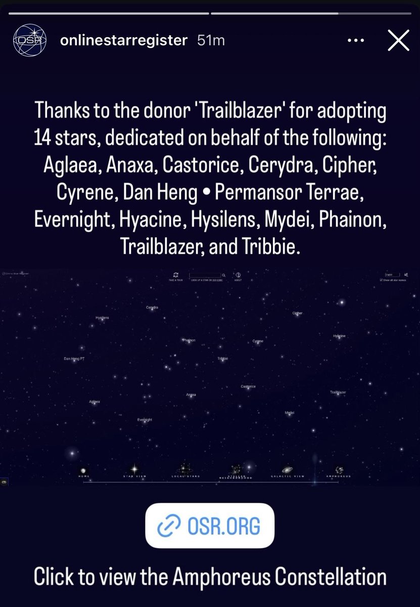 nightemiissary's tweet image. idk if anyone knows this but someone by the nickname “trailblazer” adopted 14 stars named after the chrysos heirs in the shape of amphoreus 🥹❤️