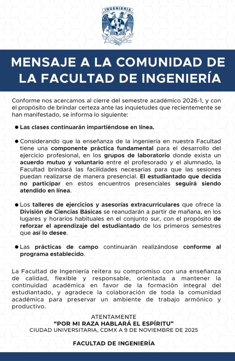 Mensaje a la comunidad de la Facultad de Ingeniería