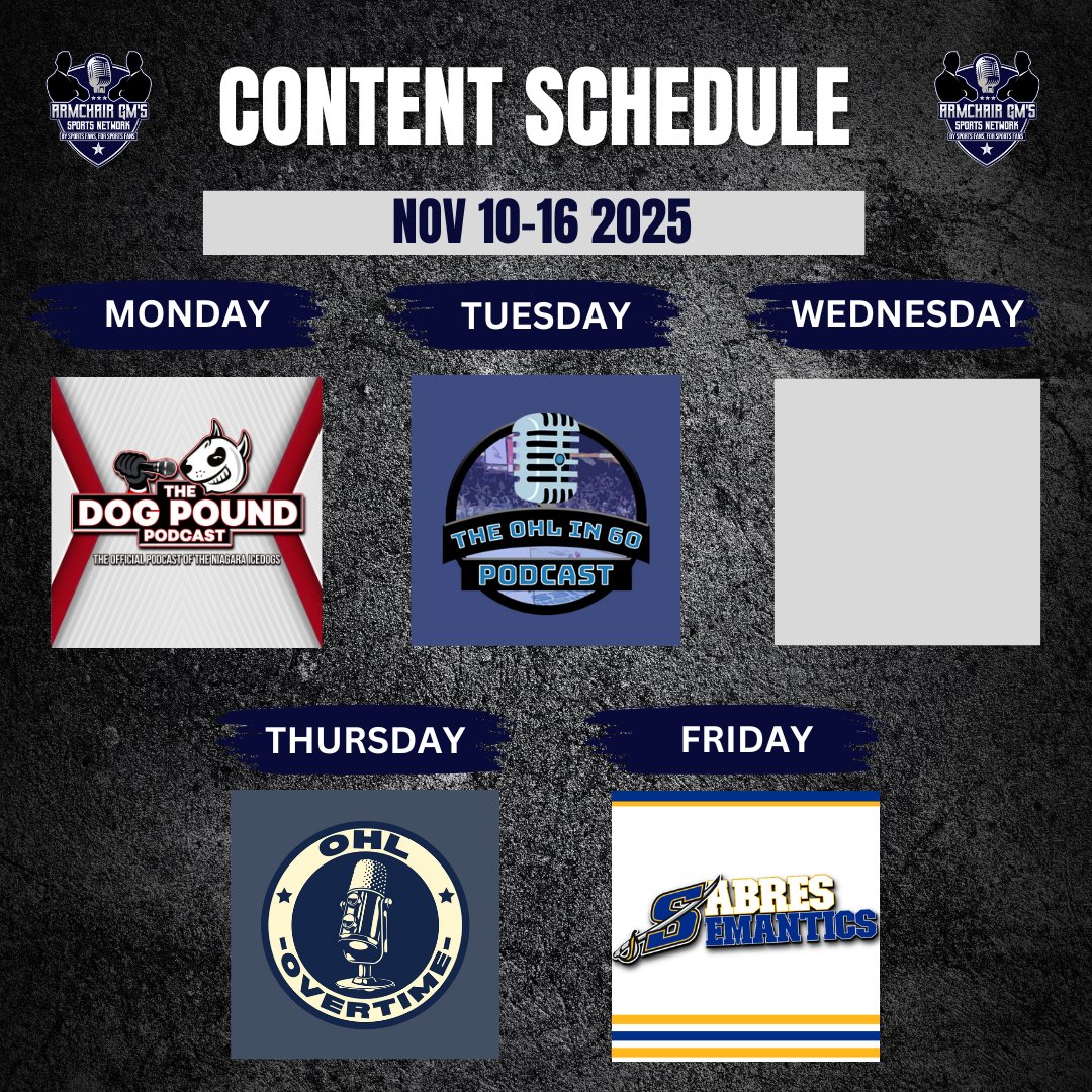 ArmchairGMPod's tweet image. 🗓️ We have another jam-packed week of hockey talk coming up on the Network! 🎙️

Monday: @DogPoundPodcast
 
Tuesday (evening): @OHLin60Podcast

Thursday: #OHL Overtime

Friday: @SabresSemantics

📺 WATCH | youtube.com/@thearmchairgm…

🎧LISTEN | linktr.ee/ArmchairGMsSpo…