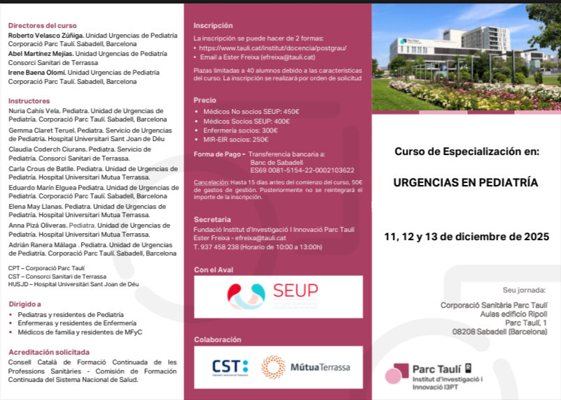 TSEUP's tweet photo. 👀Curso de especialización en urgencias de pediatría #CEUP ‼️
📝Recuerda anotar en el calendario
🗓️ 11,12 y 13 de diciembre
💻Parte online del 9/11/2025- 10/12/2025
ℹ️ efreixa@tauli.cat https://t.co/jVwXdbtoNi