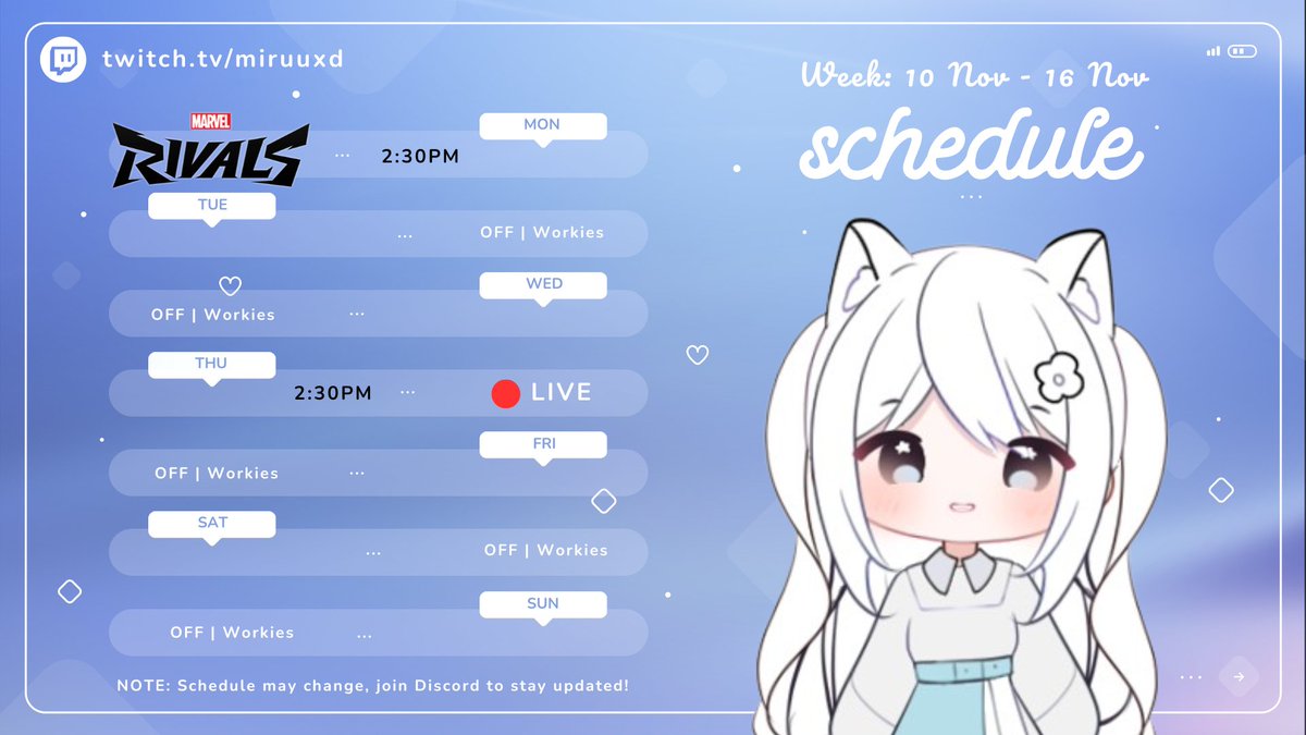 MiruuxdVT's tweet image. 🩵 Stream Schedule: 10–16 Nov 🩵

Can’t wait to stream on 10 Nov and vibe with you guys while I play Marvel Rivals!

Also streaming Thursday we’ll see what I feel like doing then ✨
