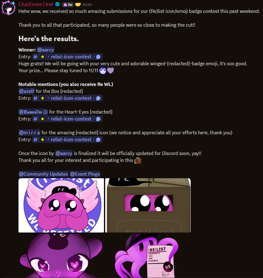 BrowskiMM's tweet image. 🎉 Huge congrats to @aarcywillow  for winning the (Re)list Icon Contest! Your winged emoji is pure ✨perfection✨
Massive love to everyone who joined — your art made the Re server 100x cozier 💜
@re 
#ReProtocol #ReList #CommunityLove