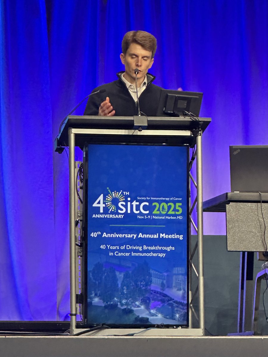 MoffittNews's tweet photo. Live from #SITC25: Justin Kenkel, PhD (@BoltBio) presents a novel PD-L1–directed Immune Stimulatory Antibody Conjugate (ISAC) that activates both innate and adaptive immunity to fight cancer.

Key takeaways:
• Unlike standard PD-L1 blockers, this ISAC delivers a TLR agonist to PD-L1⁺ myeloid cells, activating macrophages and dendritic cells.
• Induces cytokine release and repolarizes the tumor microenvironment from immunosuppressive to immune-stimulatory.
• Promotes T-cell priming and durable anti-tumor responses in preclinical models.
• Offers a promising strategy to overcome resistance to current PD-1/PD-L1 therapies.

#MoffittSITC25 @sitcancer