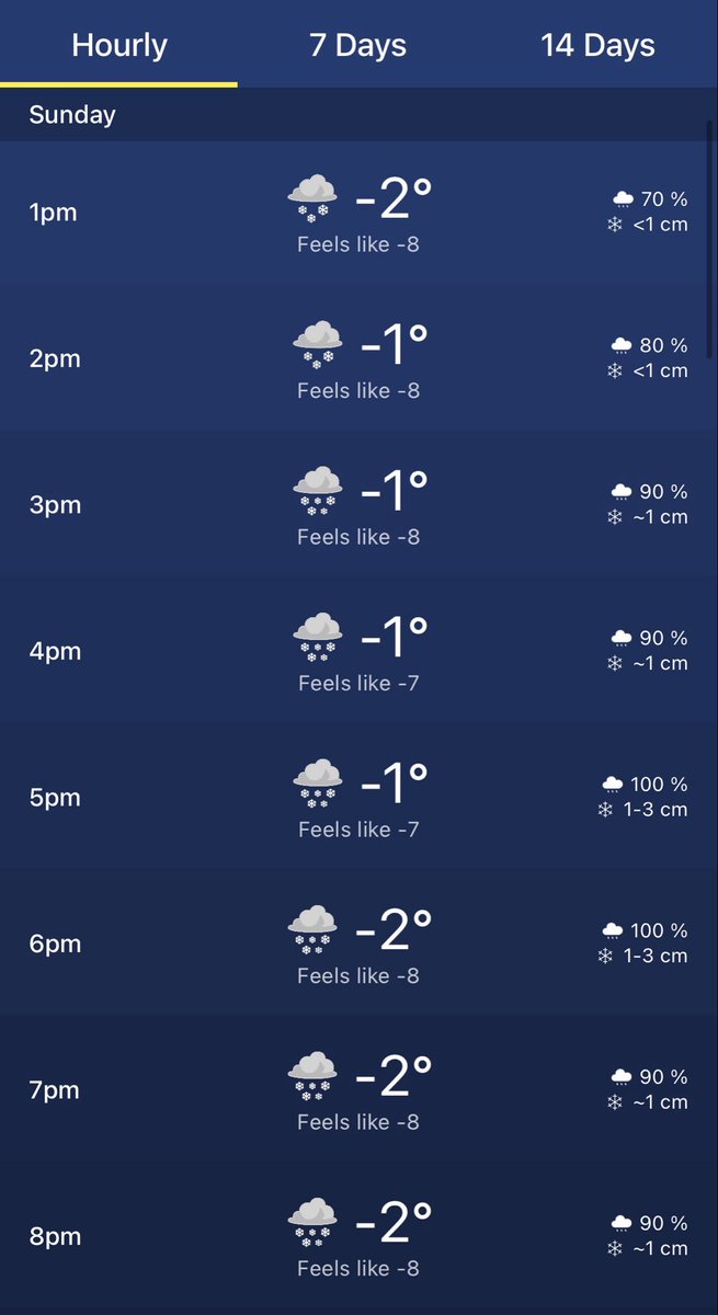 As the snow starts to fall, the forecast is suggesting the snowfall will be the heaviest during the match. 

1-3 cm per hour will fall during the match. This has the makings to be the most unique <a href="/CPLsoccer/">Canadian Premier League</a> final in league history.
#CanPL #CPLFinal