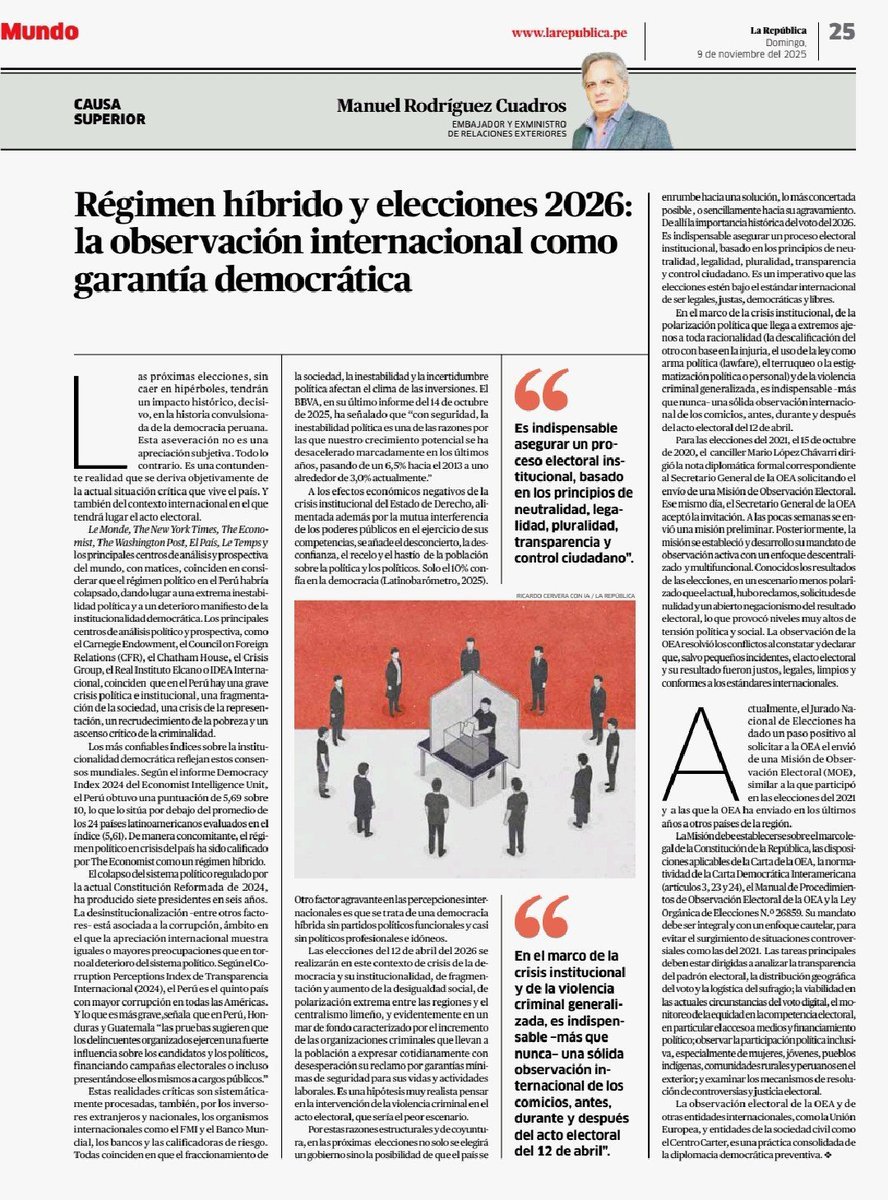 Columna publicada en <a href="/larepublica_pe/">La República</a> , Régimen híbrido y elecciones 2026: la observación internacional como garantía democrática, por Manuel Rodríguez Cuadros
Leer columna completa aquí:
larepublica.pe/opinion/2025/1…