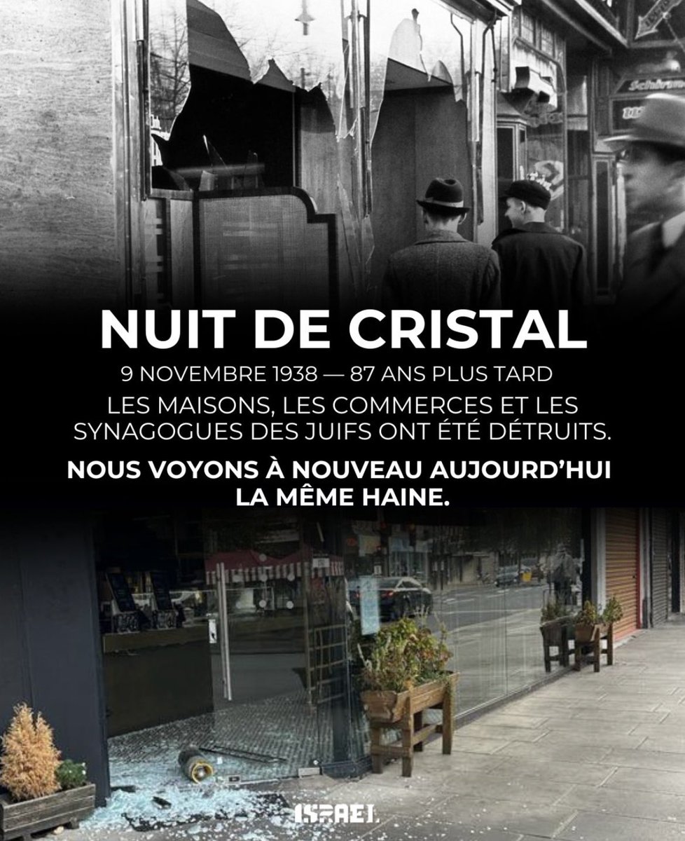 « La Nuit de cristal » - Kristallnacht, il y a 87 ans, jour pour jour.
Des maisons, des synagogues et des commerces appartenant à des Juifs ont été détruits dans toute l’Allemagne et l’Autriche. C’est ainsi que tout a commencé.

Aujourd’hui, les Juifs du monde entier font à