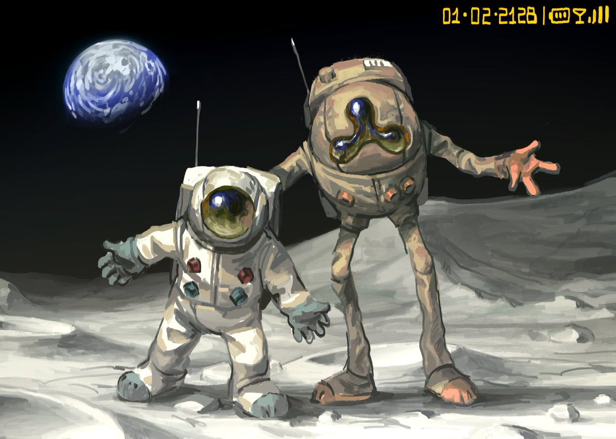 Historic first EVA of the Janus 9 mission.
Earth's moon provides perfect conditions for a first in-person meeting.