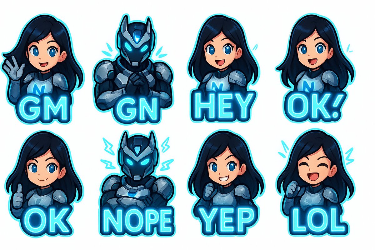 197banafshe's tweet photo. 🎨 NexaByte Sticker Contest Entry ⚡

Just finished my sticker pack featuring our chibi Nexa heroes ⚙️💙
Each one glowing with that NexaByte energy — from “GM ☀️” to “LOL 😂”!

#BuildWithNexa #NexaByteAI #StickerContest
@NexaByteAI https://t.co/kGMW72R4zI