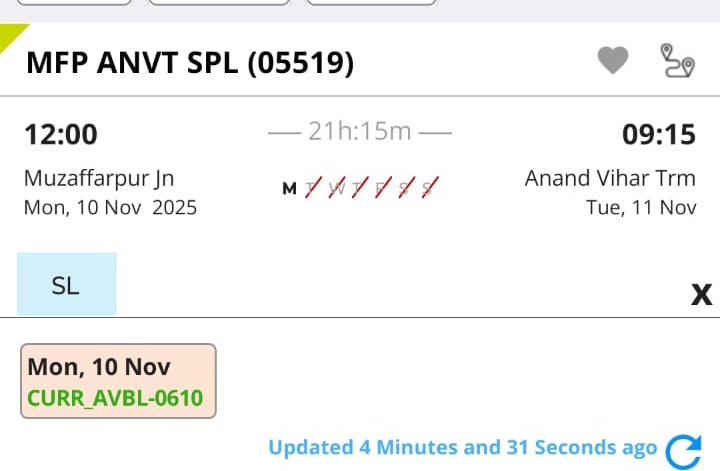 🛤️ विशेष ट्रेन सूचना
गाड़ी संख्या 05519 मुजफ्फरपुर–आनंद विहार स्पेशल ट्रेन दिनांक 10.11.2025 को चलेगी।
इस गाड़ी में बर्थ उपलब्ध हैं, यात्रीगण शीघ्र आरक्षण करा सकते हैं।

#IndianRailways #YatriSewa #SpecialTrain