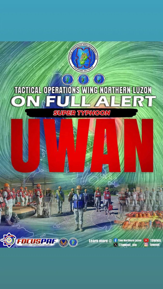 townol_pio's tweet photo. 𝗧𝗢𝗪𝗡𝗢𝗟 𝗢𝗡 𝗙𝗨𝗟𝗟 𝗔𝗟𝗘𝗥𝗧 | SUPER TYPHOON UWAN
Read more @:
https://t.co/oIojQozycd
#AFPRespondsUWAN #UwanNorthernLuzonResponse #frontliners #FOCUSPAF #GuardiansofourPreciousSkies #PAFyoucanTrust #OneAFPOnePHILIPPINES #StrongAirForceStrongPHILIPPINES #AFPyoucanTRUST https://t.co/LabmB4ObJX