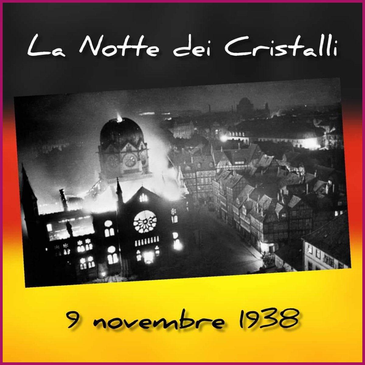 BergamoeC's tweet image. La Notte dei cristalli

il pogrom condotto dagli «ufficiali Nazisti, dai membri delle SA e dalla Gioventù hitleriana» su istigazione di Joseph Goebbels, nella notte tra il 9 e 10 novembre 1938 in Germania, Austria e Cecoslovacchia.

#9novembre1938
#nottedeicristalli
#pogrom