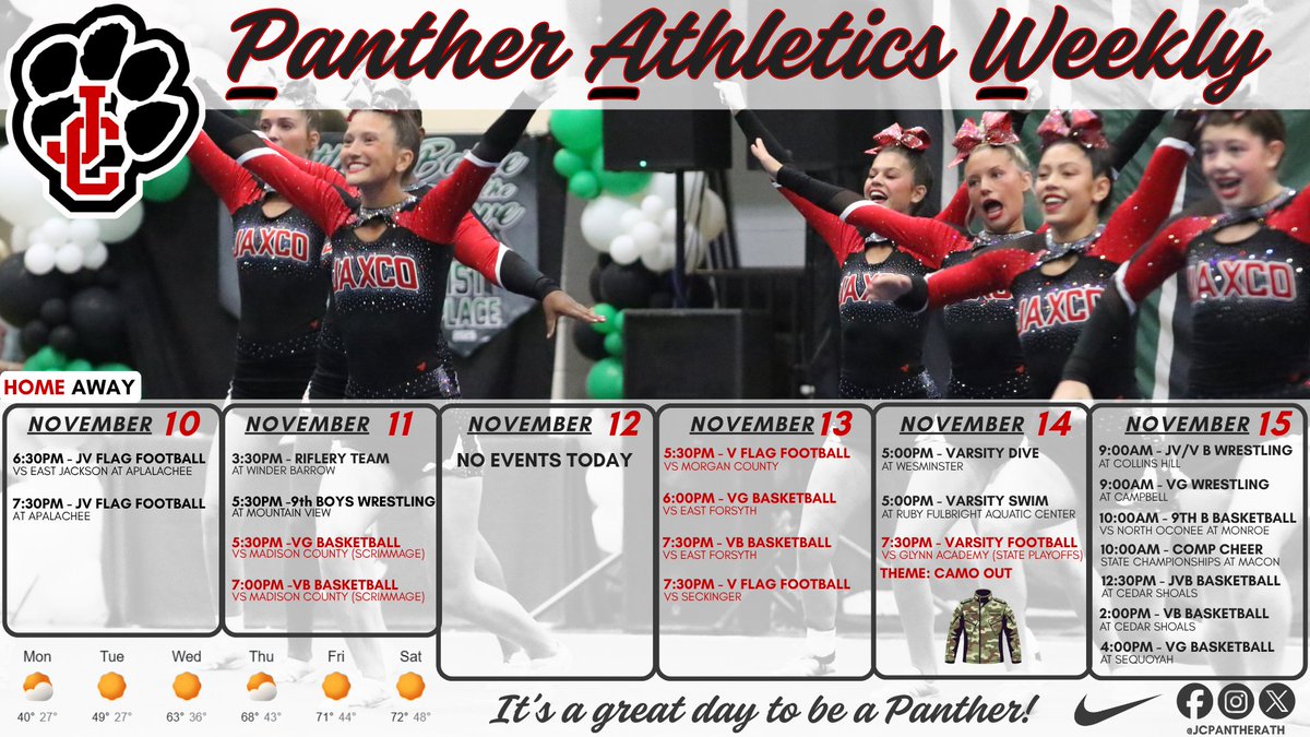 𝙒𝙚 𝙝𝙖𝙫𝙚 𝙖 𝙗𝙞𝙩 𝙤𝙛
【E】【V】【E】【R】【Y】【T】【H】【I】【N】【G】this week!  You can definitely get your fix of Panther Athletics!
#ProudtobeJC
