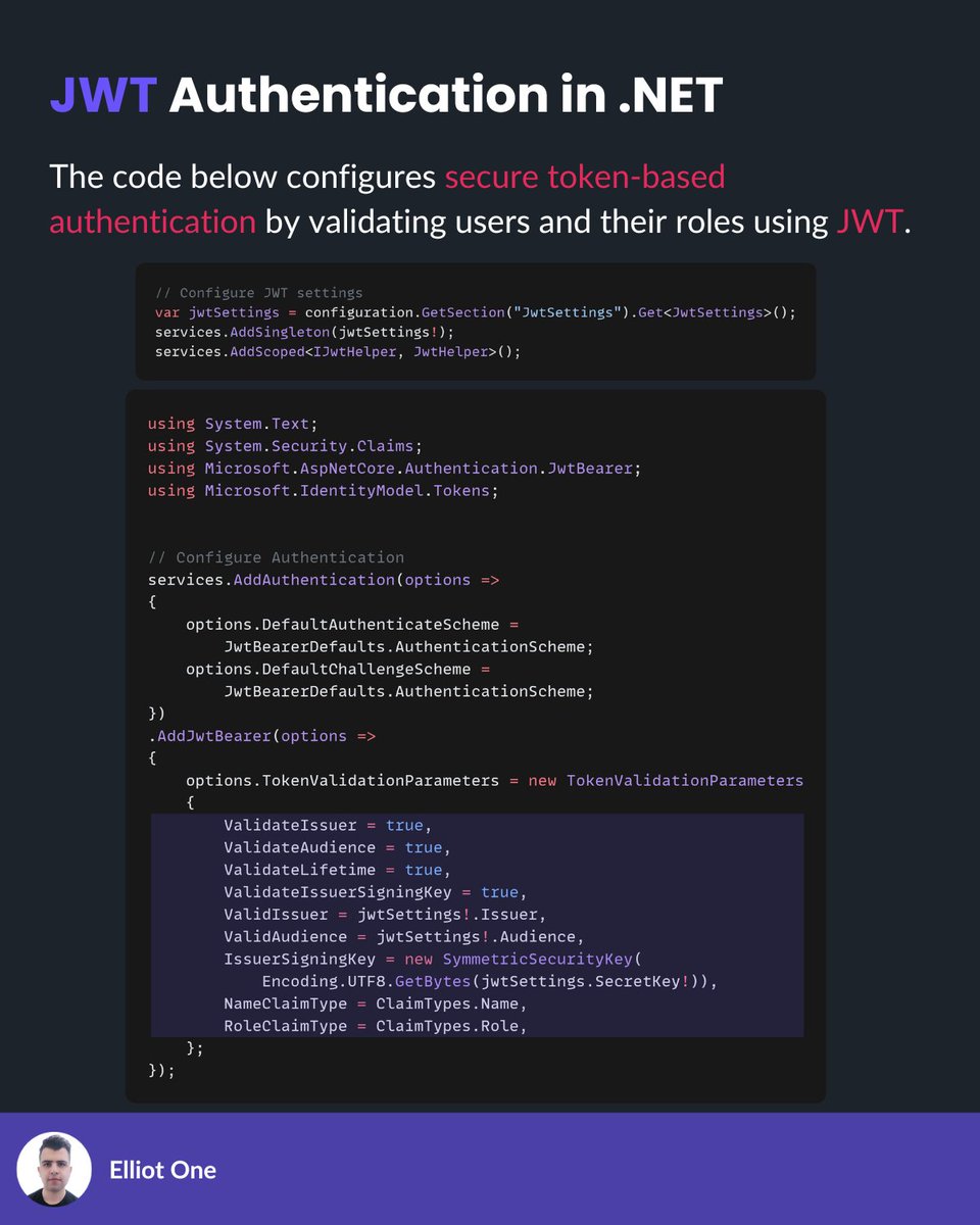 elliot1one's tweet image. Secure your .NET APIs with JWT in 4 steps:

1. Configure JWT settings (Issuer, Audience, SecretKey)
2. Generate tokens with claims &amp;amp; HmacSha256 signing
3. Set up authentication &amp;amp; token validation
4. Apply middleware for auth &amp;amp; role-based access

#dotnet #csharp #webapi #coding