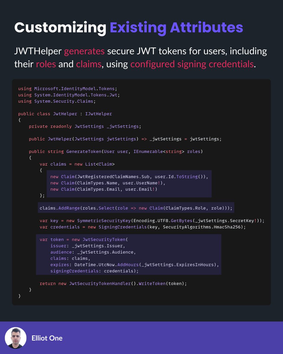 elliot1one's tweet image. Secure your .NET APIs with JWT in 4 steps:

1. Configure JWT settings (Issuer, Audience, SecretKey)
2. Generate tokens with claims &amp;amp; HmacSha256 signing
3. Set up authentication &amp;amp; token validation
4. Apply middleware for auth &amp;amp; role-based access

#dotnet #csharp #webapi #coding