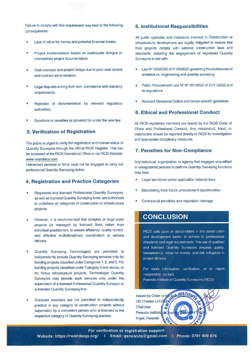 The Institute of Quantity Surveyors recommends that all stakeholders in the construction industry engage only RIQS registered Quantity Surveyors and maintain close communication with the Institute on all matters related to Quantity Surveying services. 

Pursuant to the provisions