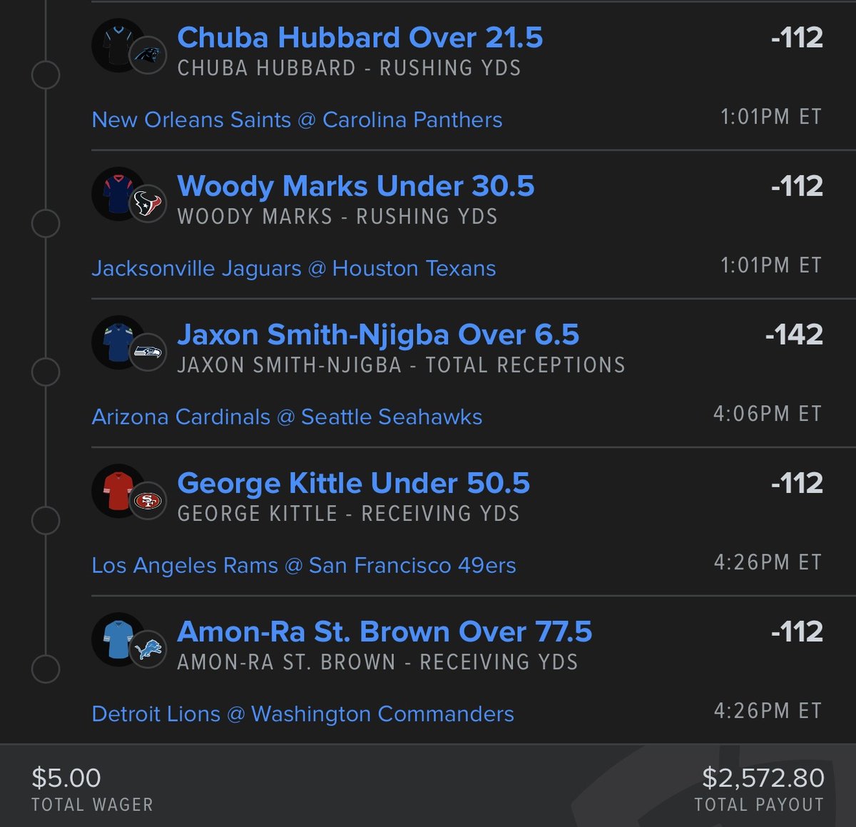 🌶️🌶️🌶️🌶️  Extra spice.
 
+51355 One Leg Per Game Lotto 👨🏼‍🍳

My favorite prop in all 10 Sunday games.

🔗 FanDuel bet link: account.sportsbook.fanduel.com/sportsbook/add…

Simply tap the link above and it will load the bet directly to your FanDuel account.