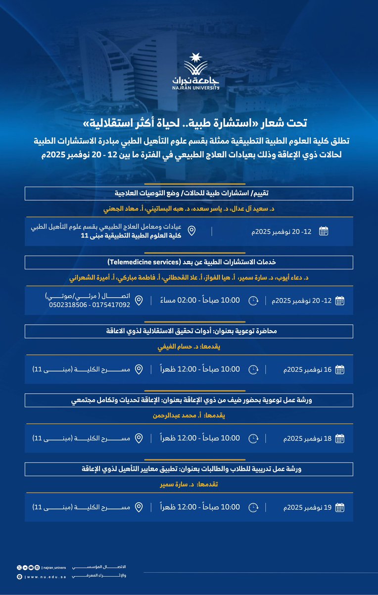 تحت شعار "استشارة طبية.. لحياة أكثر استقلالية"
تُطلق كلية العلوم الطبية التطبيقية بـ #جامعة_نجران، ممثلةً بقسم علوم التأهيل الطبي، مبادرة الاستشارات الطبية لحالات #ذوي_الإعاقة، وذلك في عيادات #العلاج_الطبيعي.