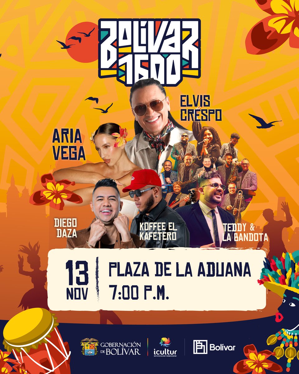 🔥🎶 ¡Bolívar 1600 viene cargao’ de tambor, herencia y sabor! 🎶🔥

Celebramos la independencia de Cartagena con una agenda cultural maravillosa. 🌴✨

Prepárate pa’ dos noches de pura energía, con grandes artistas.

📍 Plaza de la Aduana
📅 12 y 13 de nov.
💛 Entrada libre