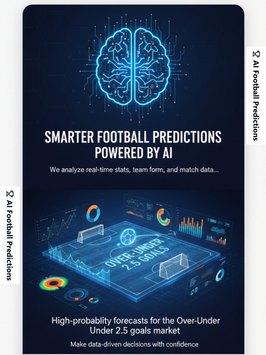 AiFootball_Pred's tweet photo. Smarter football predictions powered by AI. We analyze real-time stats, team form, and match data to deliver high-probability forecasts for the Over/Under 2.5 goals market — helping you make data-driven decisions with confidence. #aifootballpredictions #AIGoalGPT https://t.co/UUsbNCM8Yo