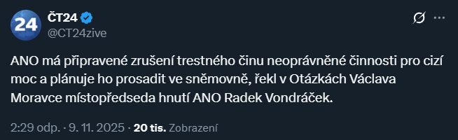 ANO se chystá zrušit trestný čin "Neoprávněná činnost pro cizí moc"⁉️🤔

X je plné Rajchla a jeho profesionálního i soukromého pídění se po slasti, nicméně jsou zde i zajímavější věci.

Zkusím nastínit, proč je tento zákon právě dnes důležitý.

Za ♻️retweet♻️ díky 😎

1⃣ Co řeší