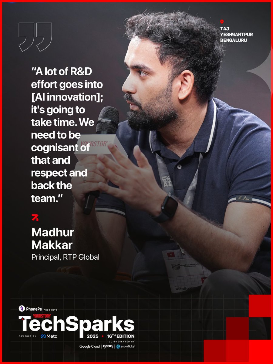 _TechSparks's tweet image. At #TechSparks2025, Madhur Makkar, Principal at @rtpvc, highlighted that investing in AI demands patience. “AI innovation takes time — it requires R&amp;amp;D effort and doesn’t scale overnight,” she said during a panel discussion.

@YourStoryCo