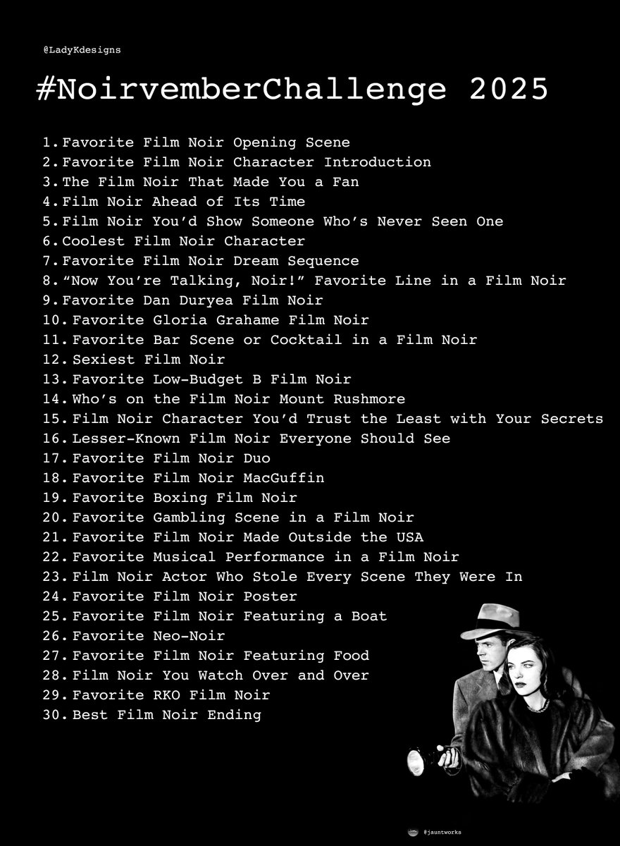 LadyKdesigns's tweet photo. Day 14 #NoirvemberChallenge Who is on the #filmnoir Mt. Rushmore (actors, directors, etc)? Submitted by @rvzjazz
This was hard! I’m going with actors Humphrey Bogart (Most Iconic), Robert Mitchum &amp; Claire Trevor (genre King and Queen), and directors Robert Siodmak &amp; Fritz Lang. https://t.co/DFALN160eb