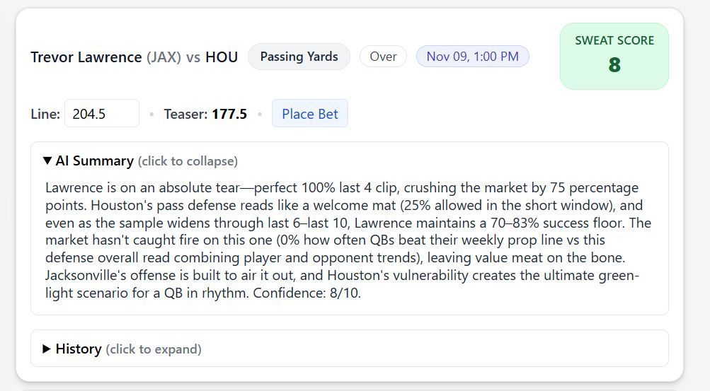 SweatAnalytics's tweet image. Jacksonville Jaguars @ Houston Texans

Trevor Lawrence OVER 204.5 Passing Yds
Woody Marks UNDER 33.5 Rushing Yds
Dalton Schultz OVER 36.5 Receiving Yds
Parker Washington OVER 4.5 Receptions
Xavier Hutchinson UNDER 1.5 Receptions