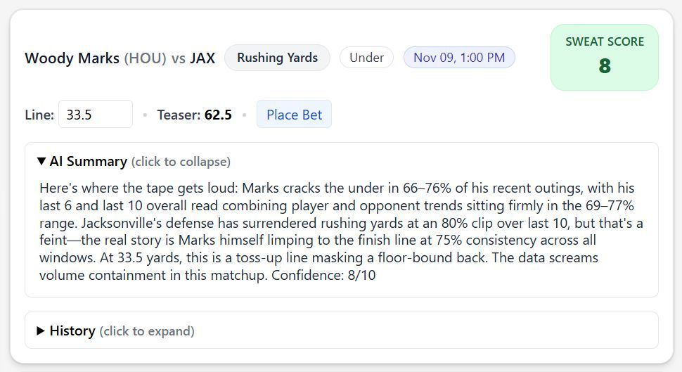 SweatAnalytics's tweet image. Jacksonville Jaguars @ Houston Texans

Trevor Lawrence OVER 204.5 Passing Yds
Woody Marks UNDER 33.5 Rushing Yds
Dalton Schultz OVER 36.5 Receiving Yds
Parker Washington OVER 4.5 Receptions
Xavier Hutchinson UNDER 1.5 Receptions